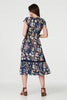 Navy | Leaf Print V-Neck Lace Trim Midi Dress
