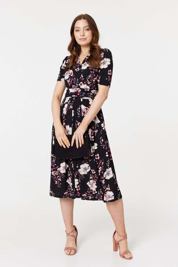 Black | Floral 1/2 Sleeved Midi Dress