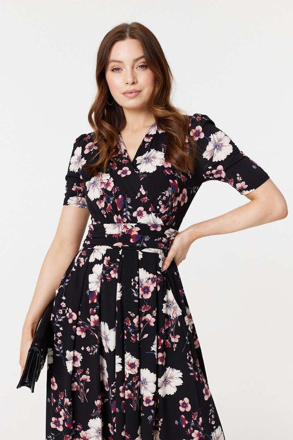 Black | Floral 1/2 Sleeved Midi Dress