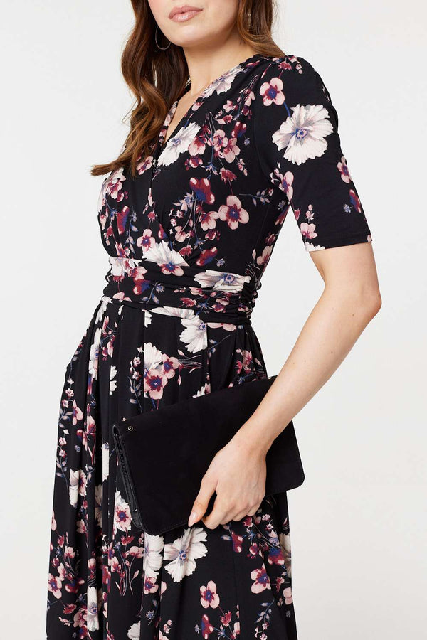 Black | Floral 1/2 Sleeved Midi Dress