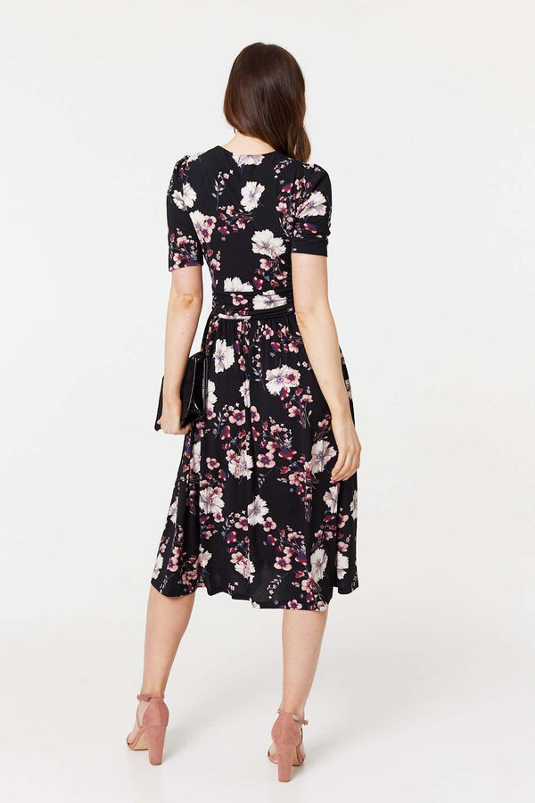 Black | Floral 1/2 Sleeved Midi Dress