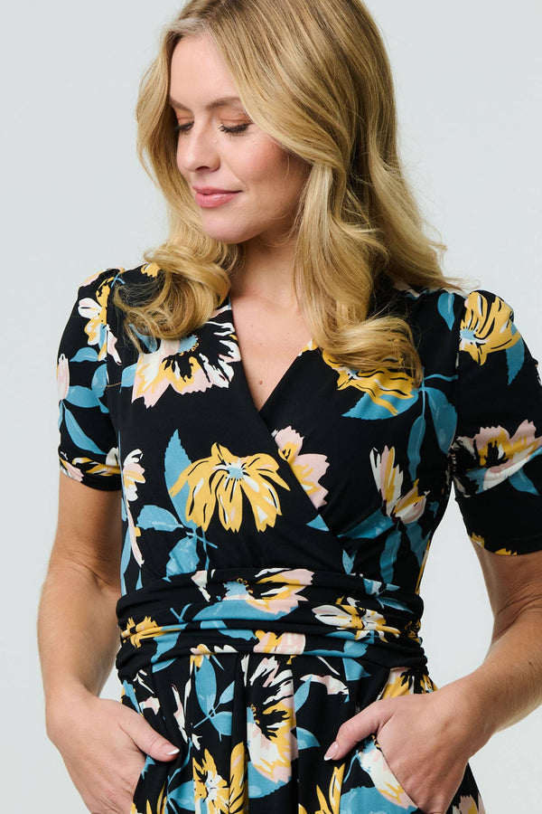 Black | Floral Short Sleeve Faux Wrap Midi Dress