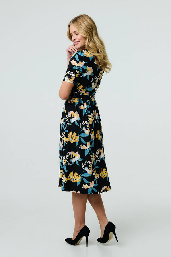 Black | Floral Short Sleeve Faux Wrap Midi Dress