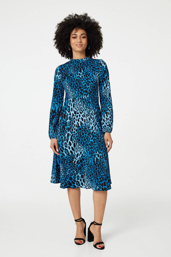 Blue | Leopard Print Long Sleeve Midi Dress