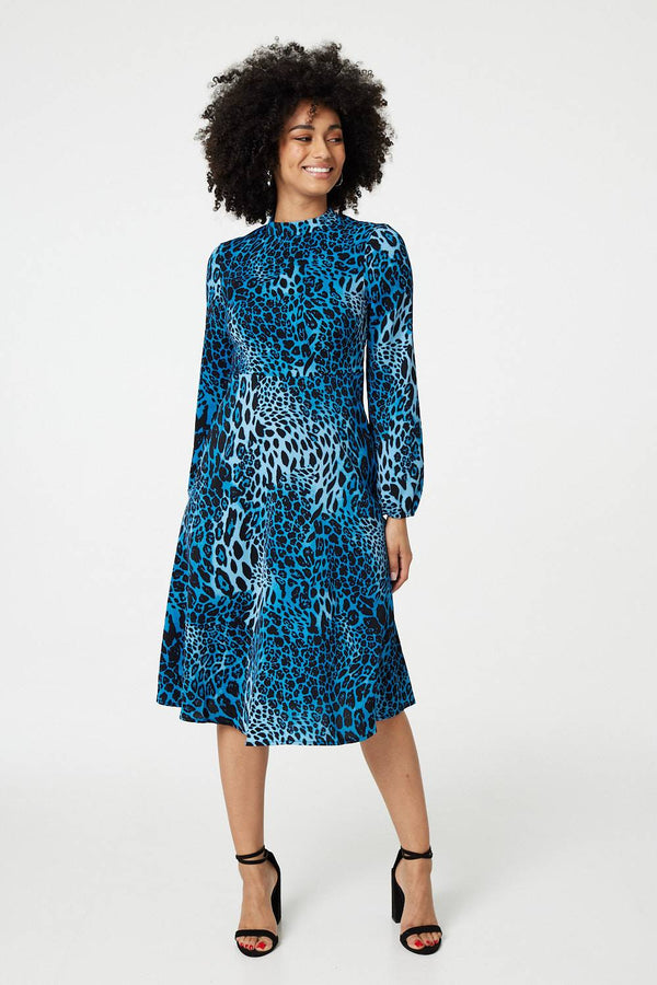Blue | Leopard Print Long Sleeve Midi Dress