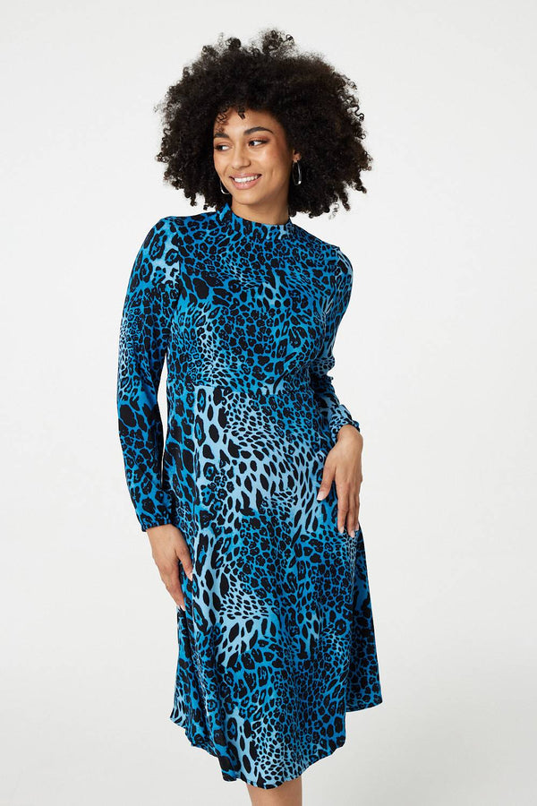 Blue | Leopard Print Long Sleeve Midi Dress