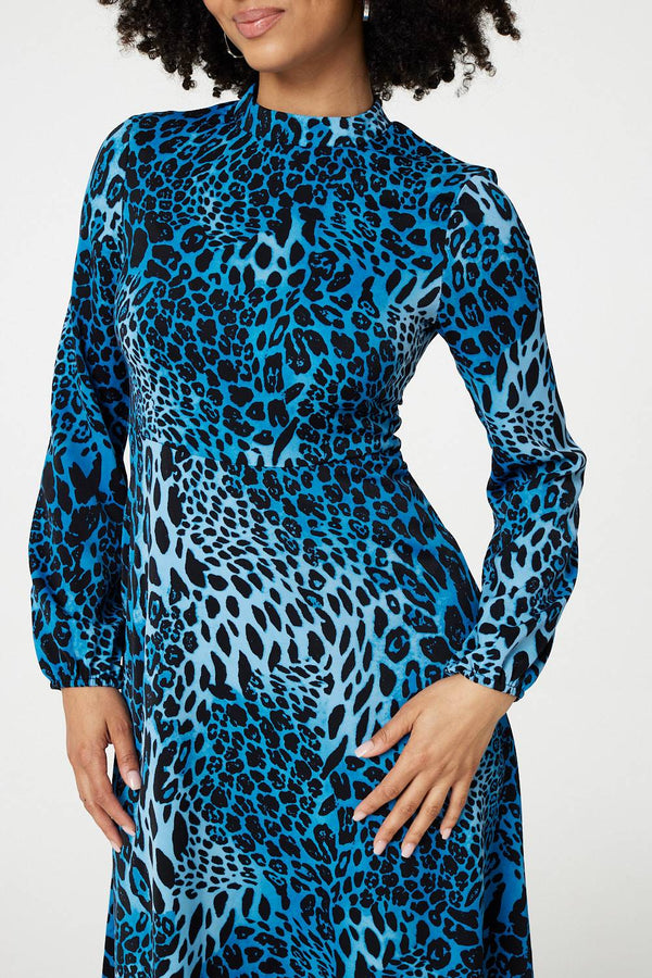 Blue | Leopard Print Long Sleeve Midi Dress