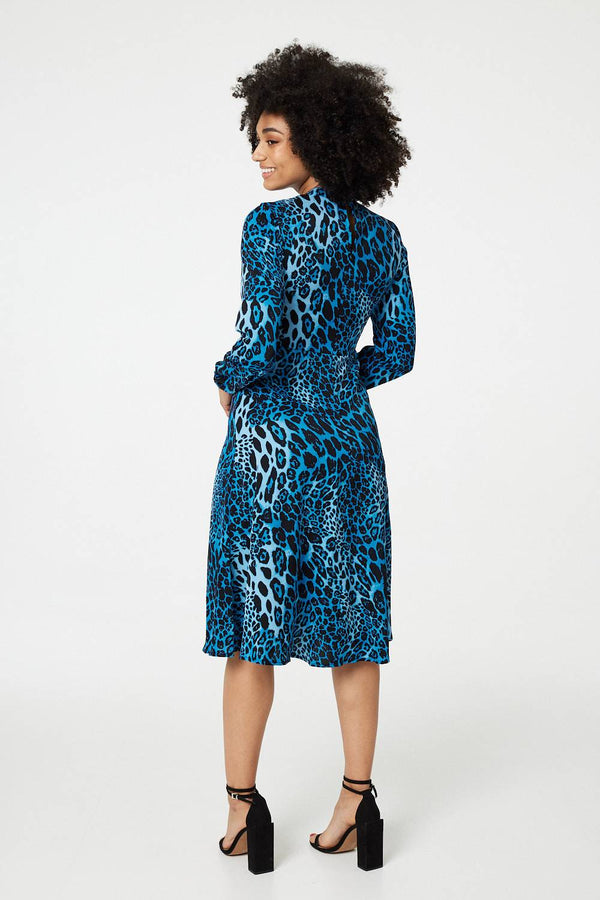 Blue | Leopard Print Long Sleeve Midi Dress