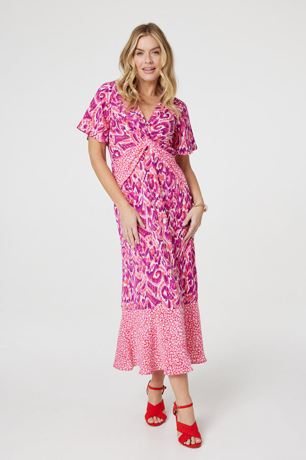 Pink | Printed Knot Front Midi Tea Dress