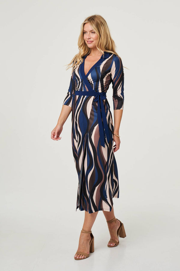Blue | Striped 3/4 Sleeve Midi Wrap Dress