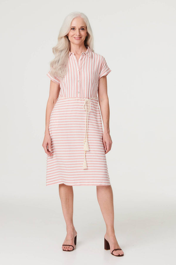 Pink | Striped Tie Waist Knee Length Dress