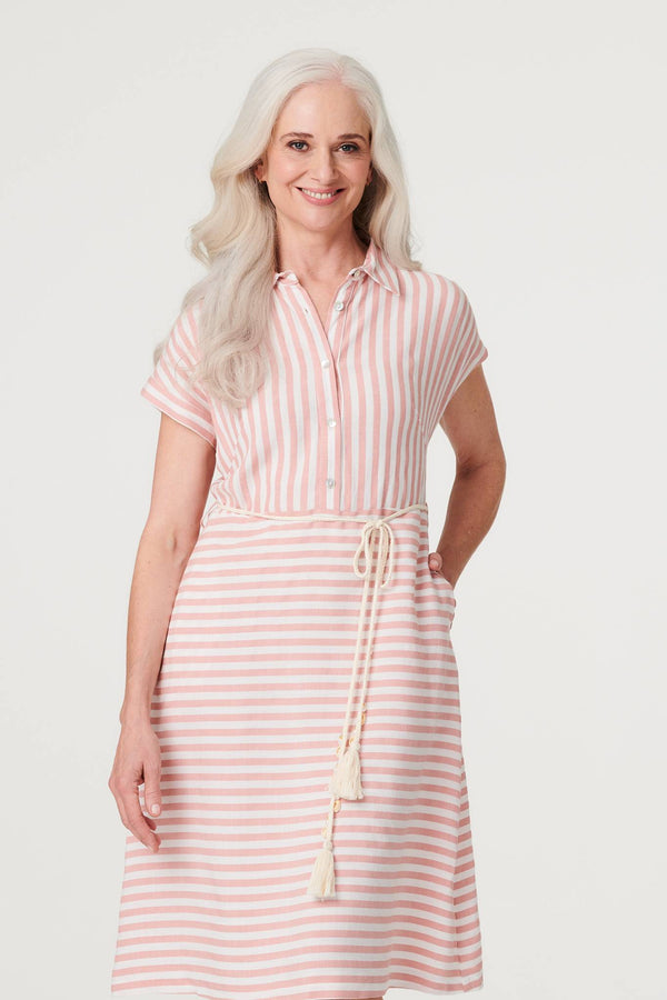 Pink | Striped Tie Waist Knee Length Dress