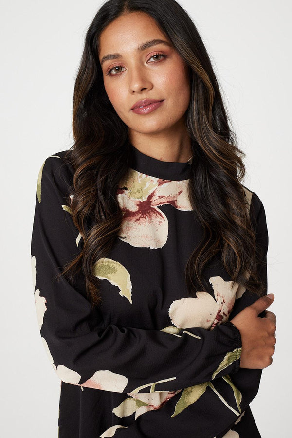 Black | Floral Long Sleeved Midi Tea Dress