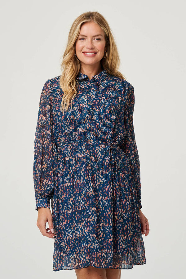 Teal | Printed Collared Short Tie Waist Dress