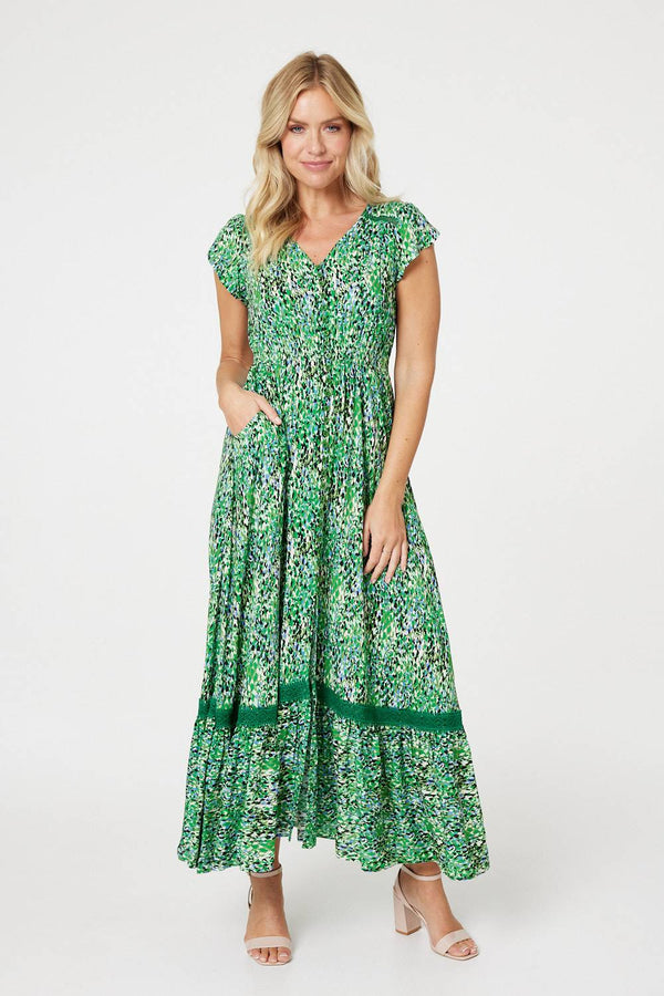 Green | Printed Lace Detail Maxi Dress