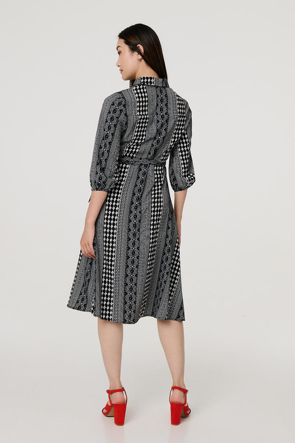 Black | Striped 3/4 Sleeve Tie Waist Midi Shirt Dress