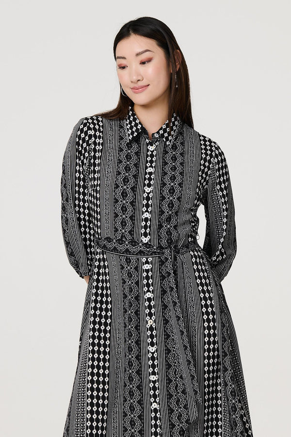 Black | Striped 3/4 Sleeve Tie Waist Midi Shirt Dress