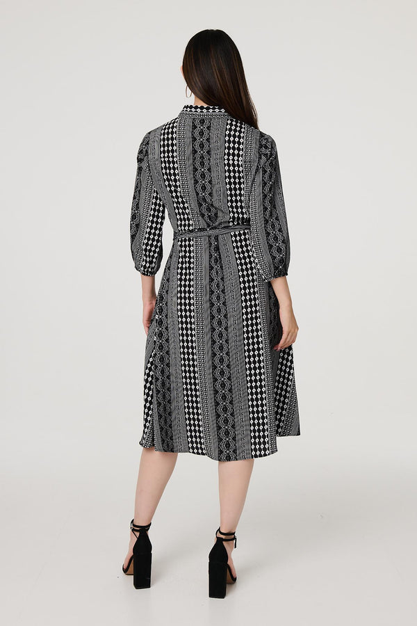 Black | Striped 3/4 Sleeve Tie Waist Midi Shirt Dress