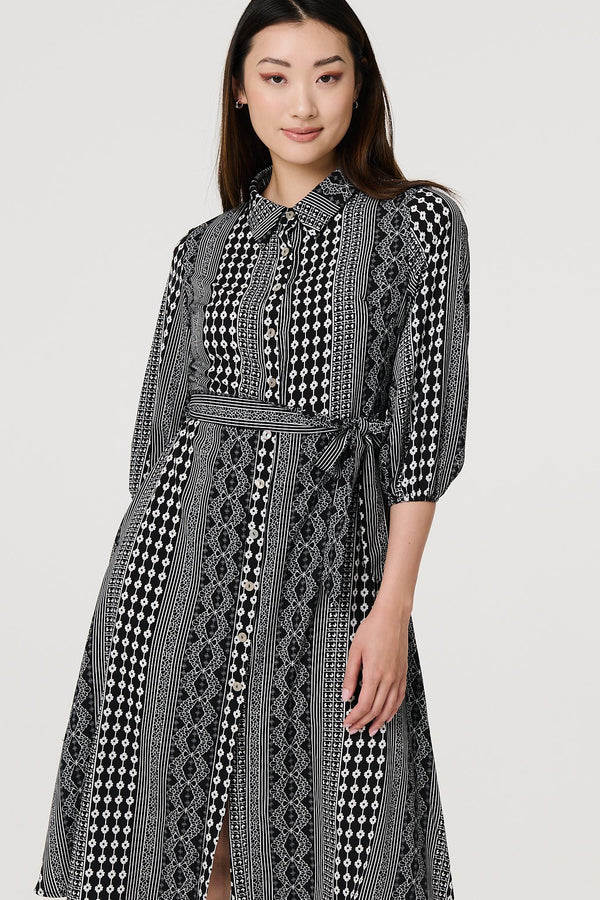 Black | Striped 3/4 Sleeve Tie Waist Midi Shirt Dress