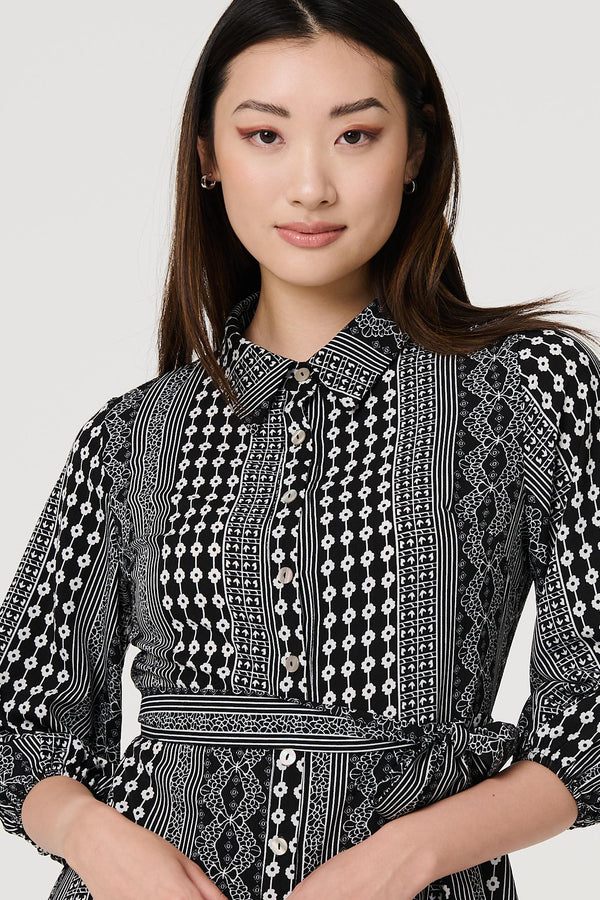 Black | Striped 3/4 Sleeve Tie Waist Midi Shirt Dress