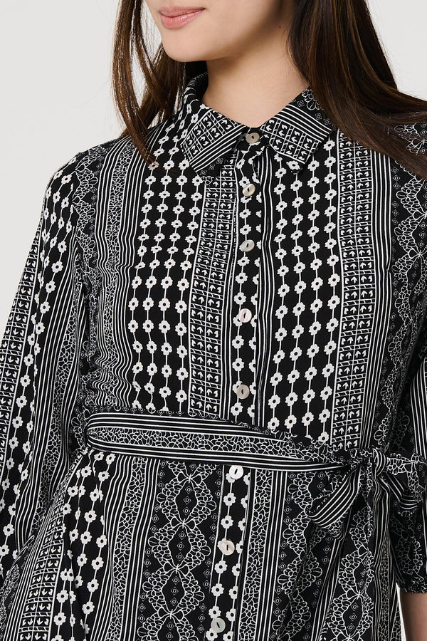 Black | Striped 3/4 Sleeve Tie Waist Midi Shirt Dress