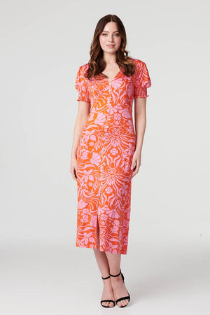 Orange | Floral Tie Back Midi Tea Dress