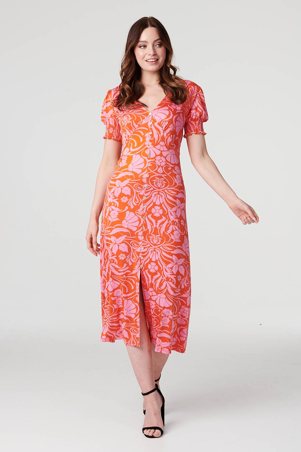 Orange | Floral Tie Back Midi Tea Dress : Model is 5'9"/175 cm and wears UK8/EU36/US4/AUS8