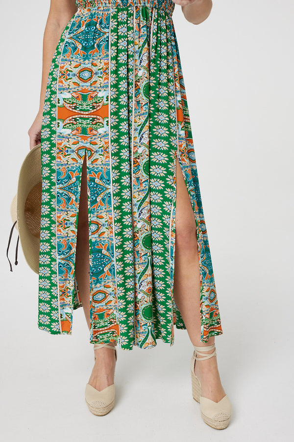 Green | Printed Bardot Smocked Maxi Dress