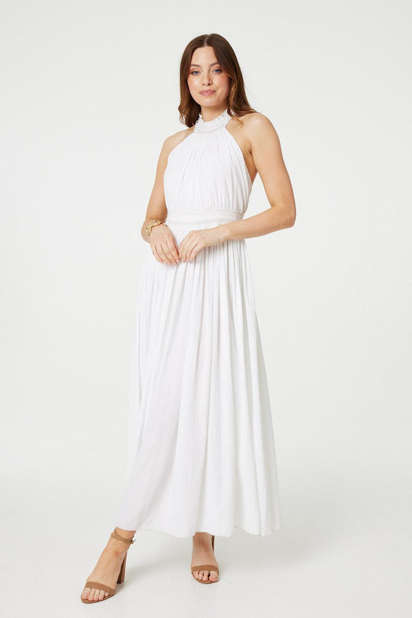 White | Embroidered Trim Halter Neck Maxi Dress