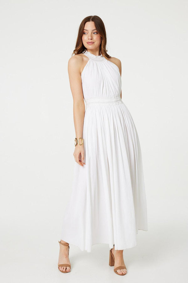 White | Embroidered Trim Halter Neck Maxi Dress