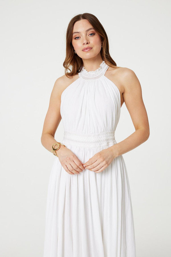 White | Embroidered Trim Halter Neck Maxi Dress