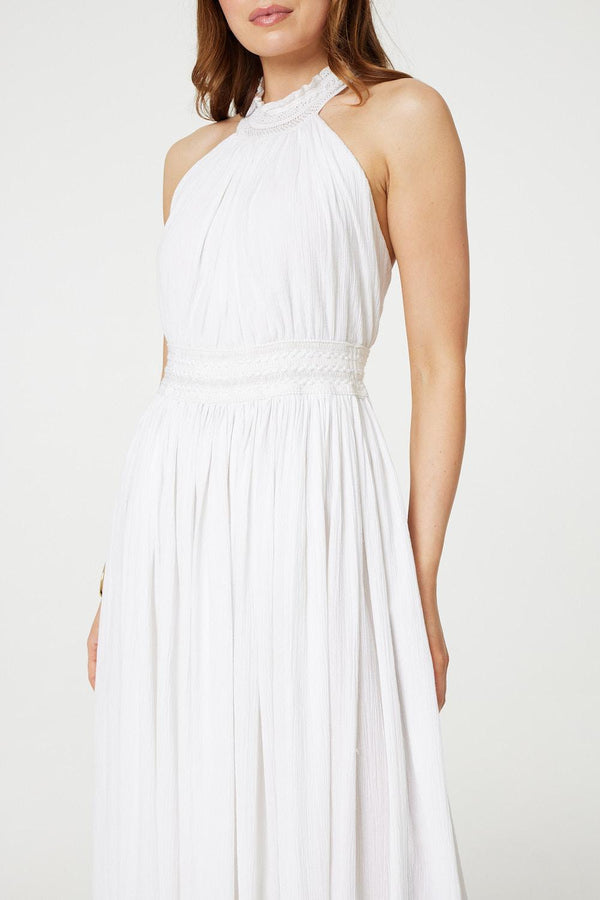 White | Embroidered Trim Halter Neck Maxi Dress