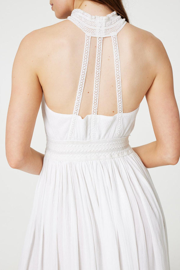 White | Embroidered Trim Halter Neck Maxi Dress