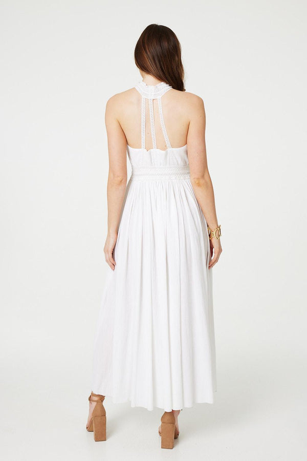 White | Embroidered Trim Halter Neck Maxi Dress