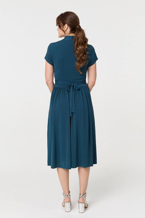 Teal | Cap Sleeve Tie Waist Jersey Midi Dress