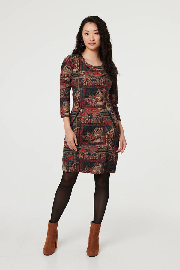 Black | Patchwork Print 3/4 Sleeve Short Dress
