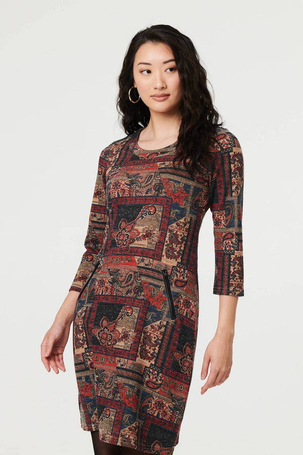 Black | Patchwork Print 3/4 Sleeve Short Dress