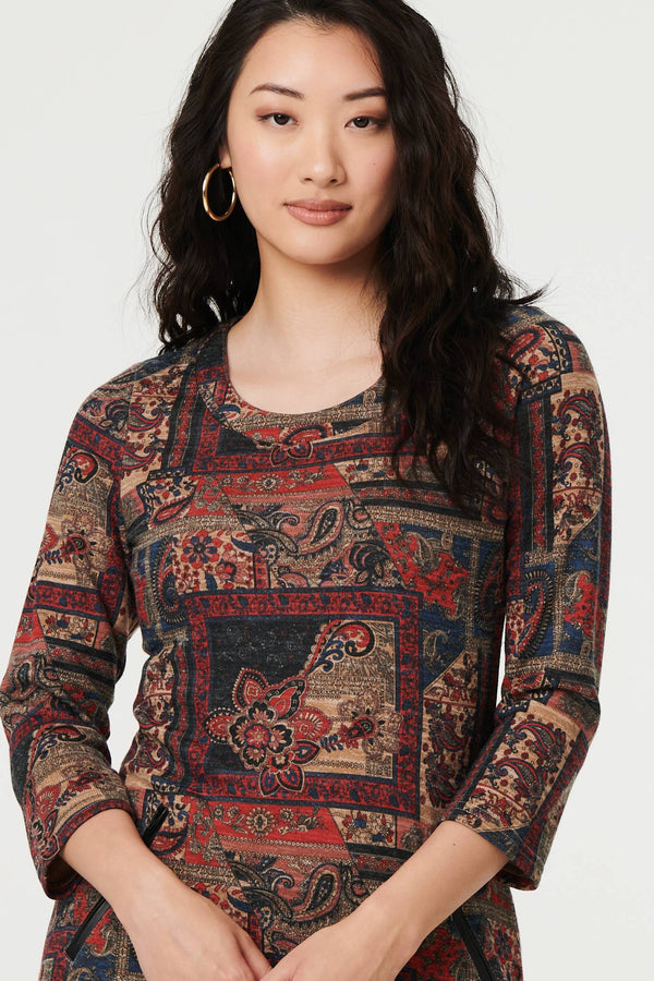 Black | Patchwork Print 3/4 Sleeve Short Dress