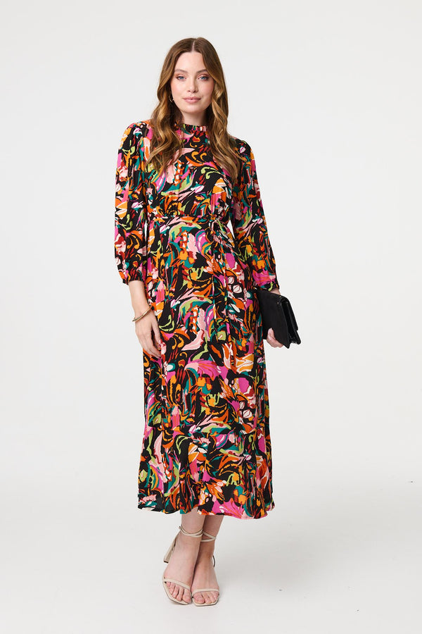 Black | Printed High Neck Long Sleeve Midi Dress