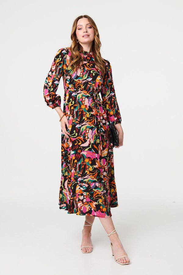 Black | Printed High Neck Long Sleeve Midi Dress