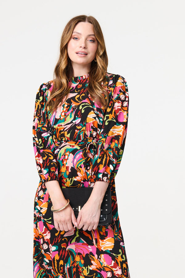 Black | Printed High Neck Long Sleeve Midi Dress