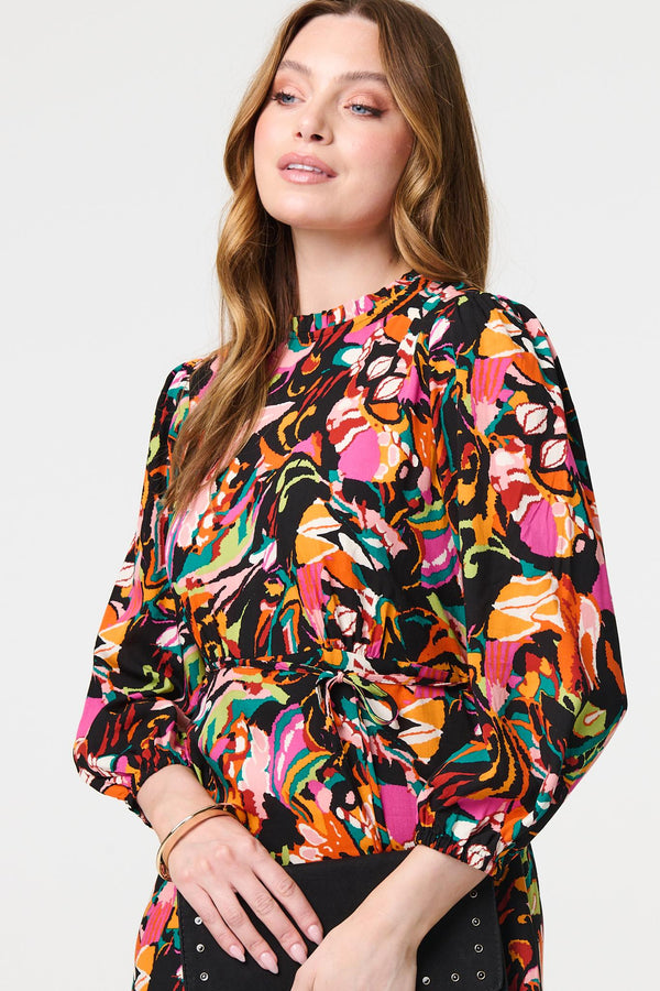 Black | Printed High Neck Long Sleeve Midi Dress
