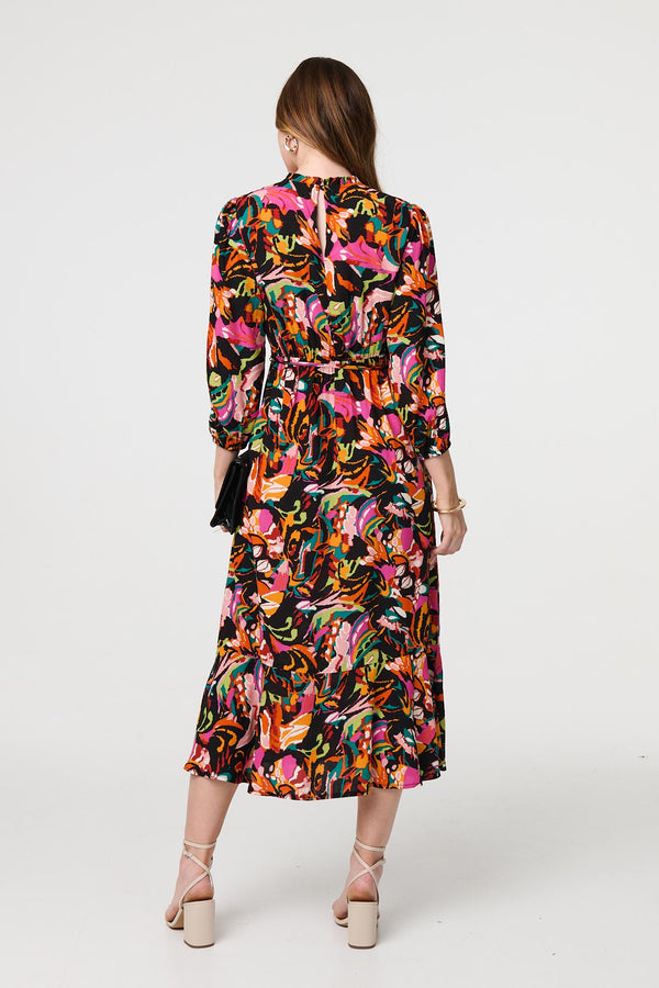 Black | Printed High Neck Long Sleeve Midi Dress
