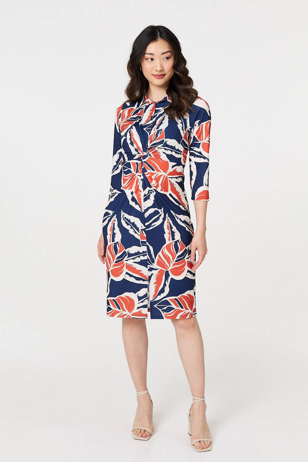 Navy | Floral 3/4 Sleeve Midi Shirt Dress