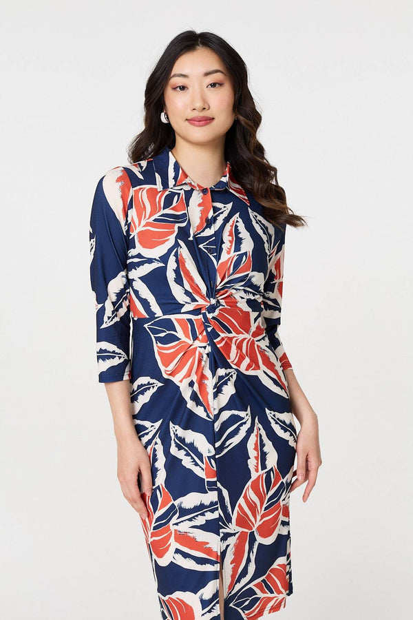 Navy | Floral 3/4 Sleeve Midi Shirt Dress