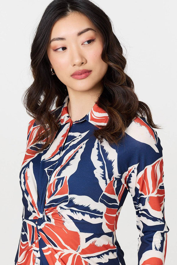 Navy | Floral 3/4 Sleeve Midi Shirt Dress