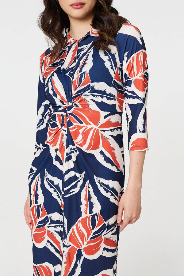 Navy | Floral 3/4 Sleeve Midi Shirt Dress