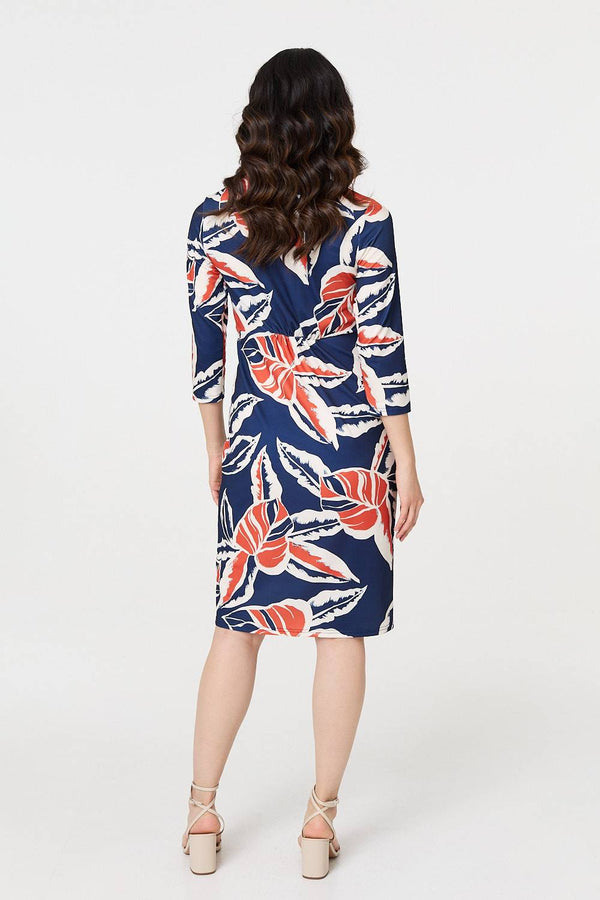 Navy | Floral 3/4 Sleeve Midi Shirt Dress