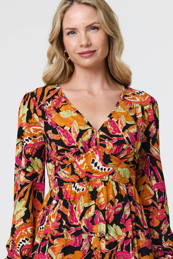 Orange | Tropical Floral Print Long Sleeve Midi Dress