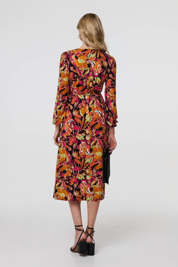 Orange | Tropical Floral Print Long Sleeve Midi Dress